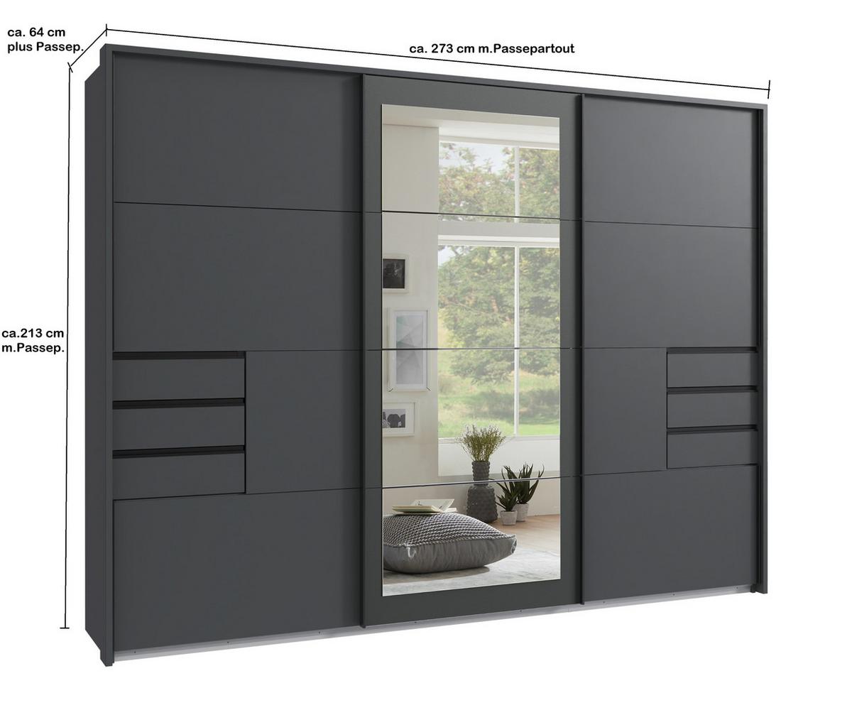 SCHWEBETÜRENSCHRANK 3-türig B273/H213/64 cm in Grafit mit Passepartout & Spiegel & Schubladen, Kleiderschrank inkl. Vollausstattung / 22504 - Blau/Graphitfarben, Holzwerkstoff/Metall (273/213/64cm) - luma-home