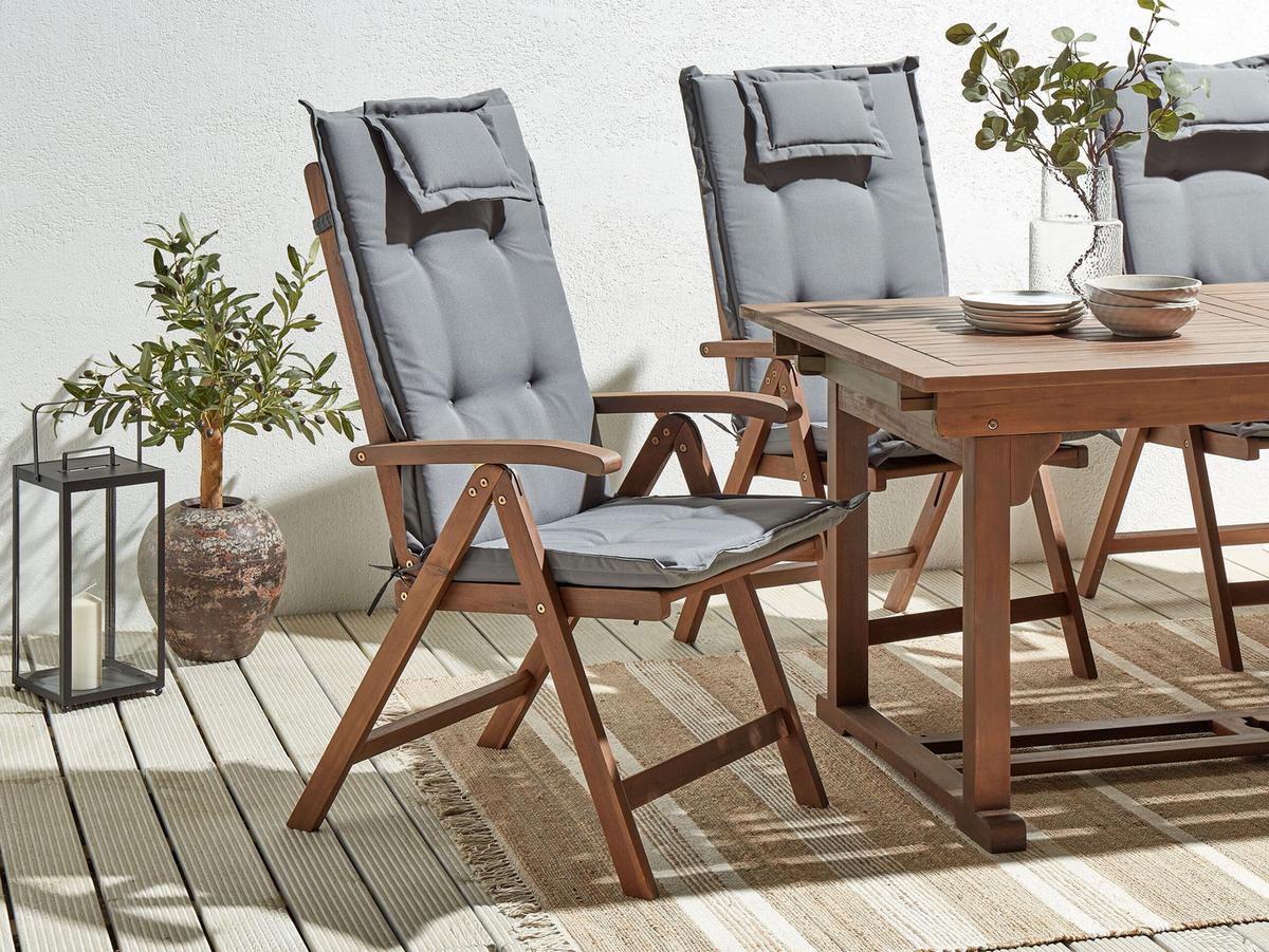 GARTENSTUHL 6er-Set Akazienholz dunkelbraun Auflagen grau Amantea - Dunkelbraun/Grau, Holz (54/105/69cm) - Beliani
