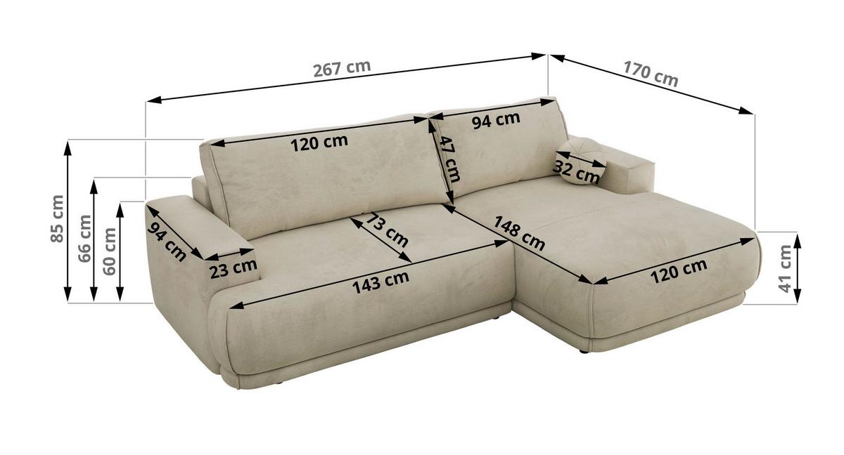 ECKSCHLAFSOFA RINA L Beige Velvet - rechts - Beige/Schwarz, Kunststoff/Textil (170/267cm) - MKS