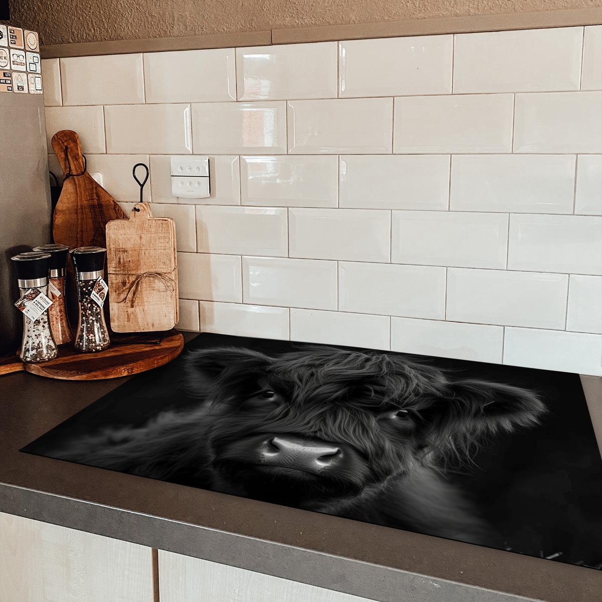 HERDABDECKPLATTE Scottish Highlander - Schwarz - Kalb - Kuh Induktionsmatte 81x52 cm - Schwarz, Kunststoff (81/52/0.2cm) - MuchoWow