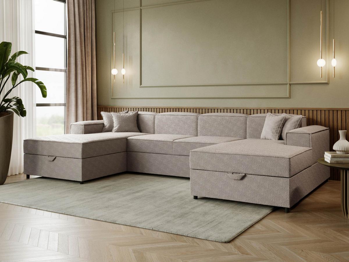 WOHNLANDSCHAFT Santos U Boucle - Beige/Schwarz, Holzwerkstoff/Kunststoff (320/79/166cm) - MIRJAN24