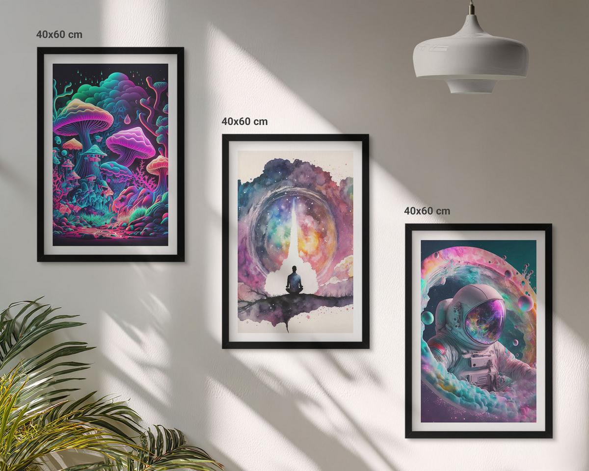 BILDER SET 3er Set - 40x60 cm Schwarzer Rahmen - Farbenfrohe Fantasy-Kunstillustrationen - Schwarz, Kunststoff (40/60cm) - TULUP