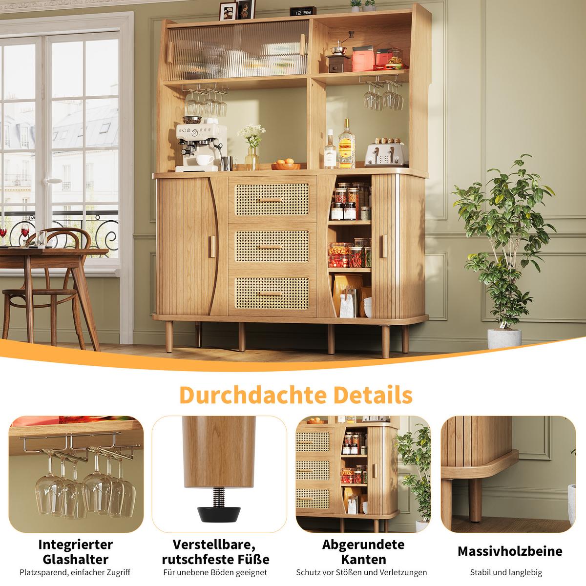 BUFFETSCHRANK Holzoptik mit Rattan & Glasschiebetüren, 140x174,5cm, Küchenschrank - Naturfarben, Holzwerkstoff (140/174.5/40.5cm) - Urban Meuble