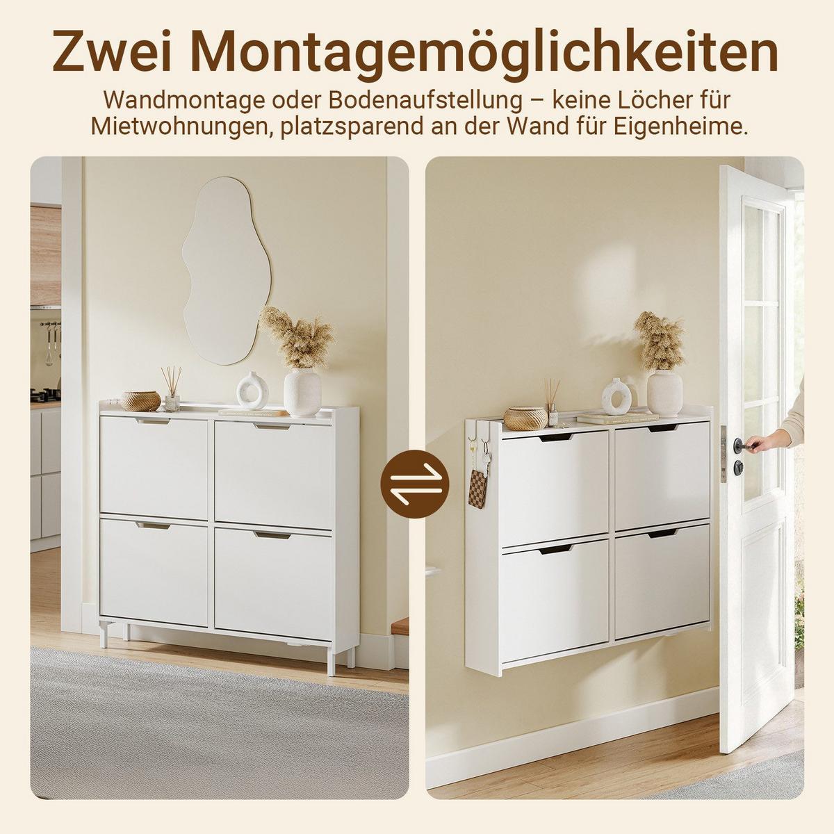 SCHUHSCHRANK mit 4 Klappen und Sensorlicht Weiß 100x19x93cm - Weiß, Holzwerkstoff (19/93/100cm) - SoBuy