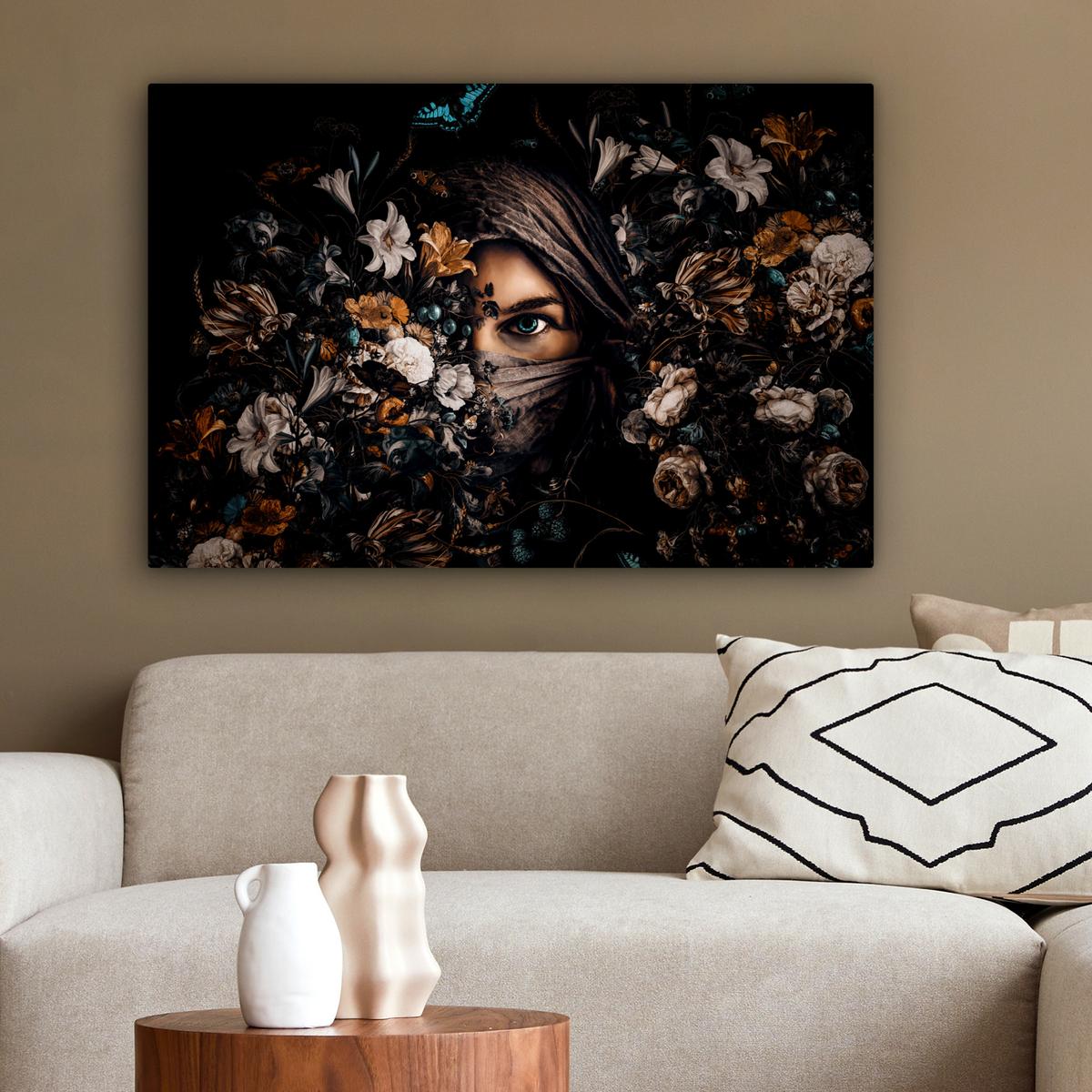 LEINWANDBILD Frau - Luxus - Blumen - Schmetterling - Porträt Gemälde 60x40 cm - Schwarz, Textil (60/40cm) - MuchoWow