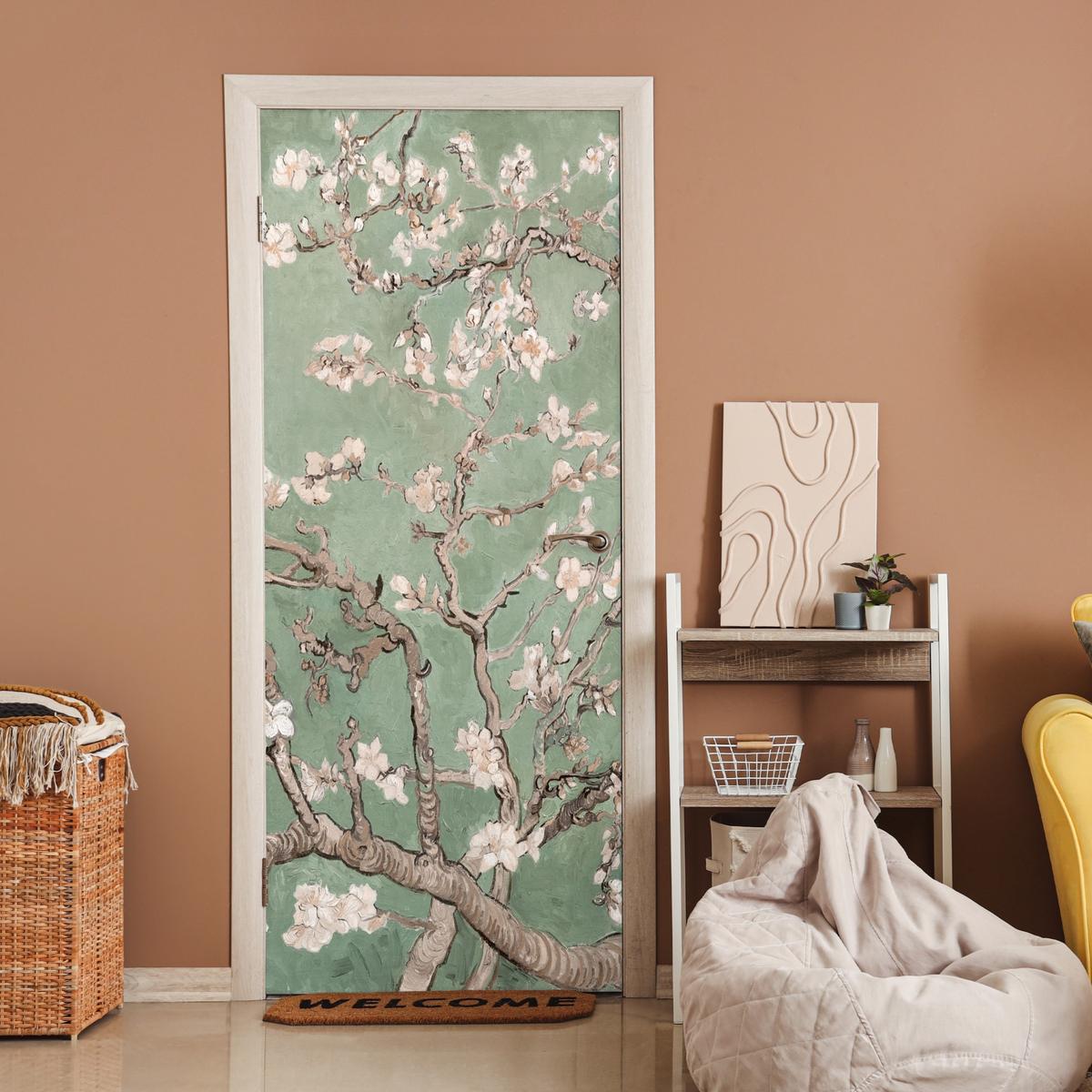 TÜRAUFKLEBER Selbstklebend - Mandelblüte - Kunst - Van Gogh - Grün 85x205 cm - Türtapete - Salbeigrün, Kunststoff (85/205cm) - MuchoWow
