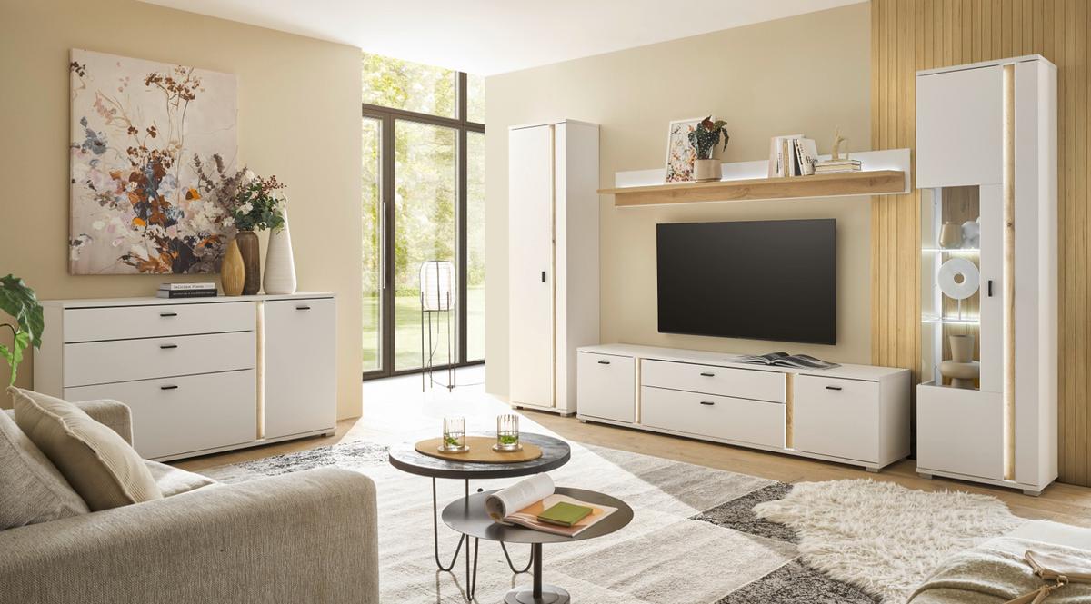 TV-LOWBOARD weiß matt, Eiche Wotan 201 cm, TV Unterteil inklusive Frontbeleuchtung - Eiche Wotan/Silberfarben, Holzwerkstoff/Kunststoff (200/48/42cm) - Furn.Design