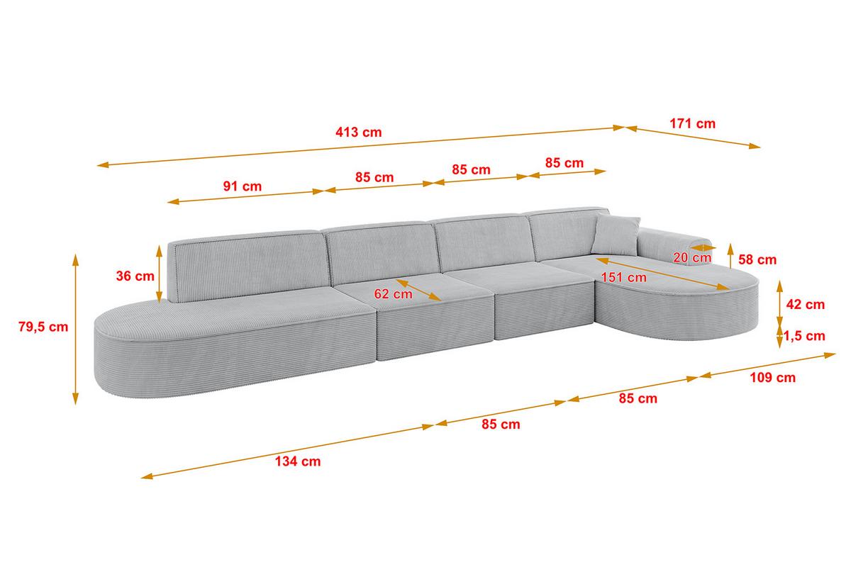 ECKSOFA Ottomane Rechts MARI-L3 - 413x171x79 cm Grau Cord - Schwarz/Grau, Holzwerkstoff/Kunststoff (171/413cm) - ALTDECOR
