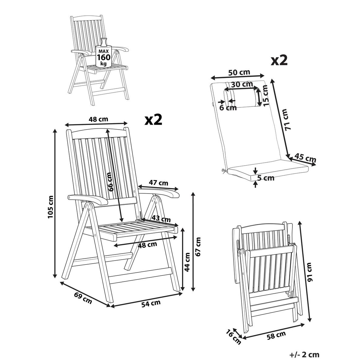 GARTENSTUHL 2er-Set und Sitzkissen Akazienholz Cremeweiß Java Premium - Hellbraun, Holz (54/105/69cm) - Beliani