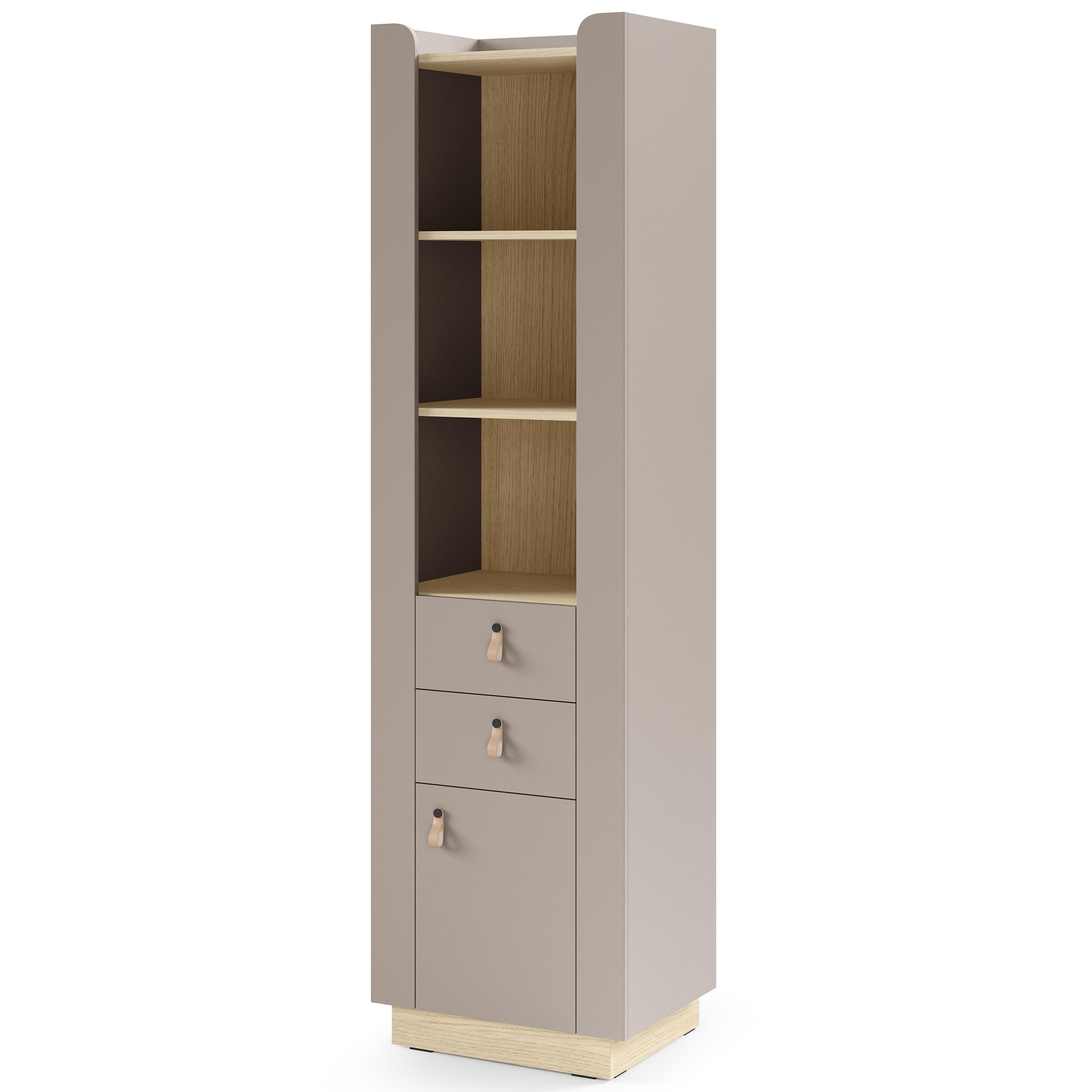 BÜCHERREGAL Sorella mit 1 Tür, 2 Schubladen und offenen Regalböden, Porcini + Eiche Mavelie - Eichefarben/Cappuccino, Leder/Holzwerkstoff (55/201/52cm) - Beautysofa
