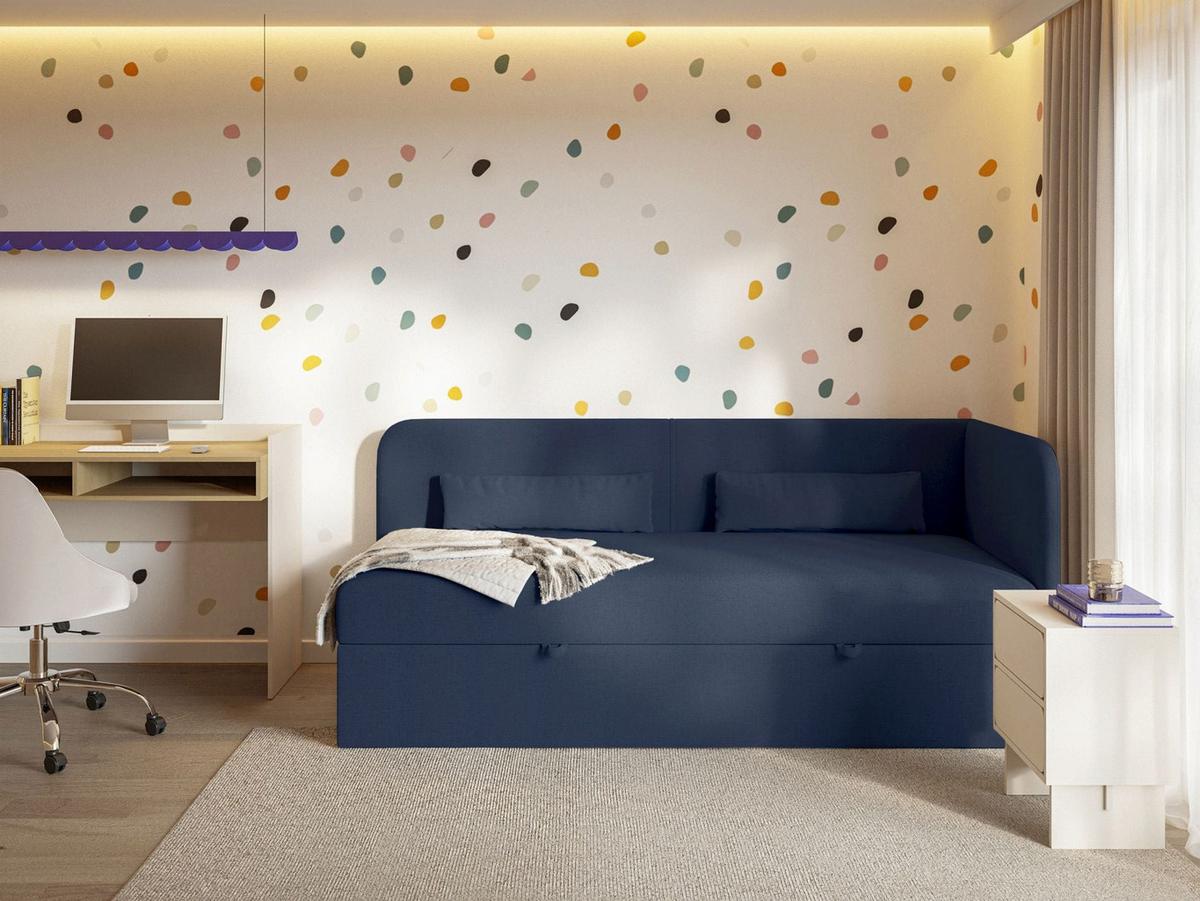 JUGENDBETT Calmmo Dunkelblau mit Chenille-Bezug, Kopfteil rechts - Dunkelblau, Textil (90/200cm) - Selsey