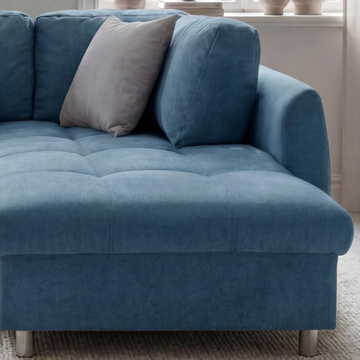 ECKSOFA mit Schlaffunktion, Bettkasten, Wellenunterfederung, Ottomane rechts B250/T190/H84 cm, Liegefl. 179x190 cm, Mikrofaser Blau / 17101 - Blau/Chromfarben, Textil/Metall (250/190cm) - luma-home