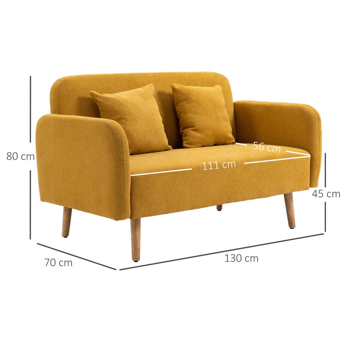2 Sitzer Sofa, Couch mit 2 Wurfkissen, gepolsterter Doppelsofa mit Samtopik - Currygelb, Kunststoff (70/80/130cm) - HOMCOM