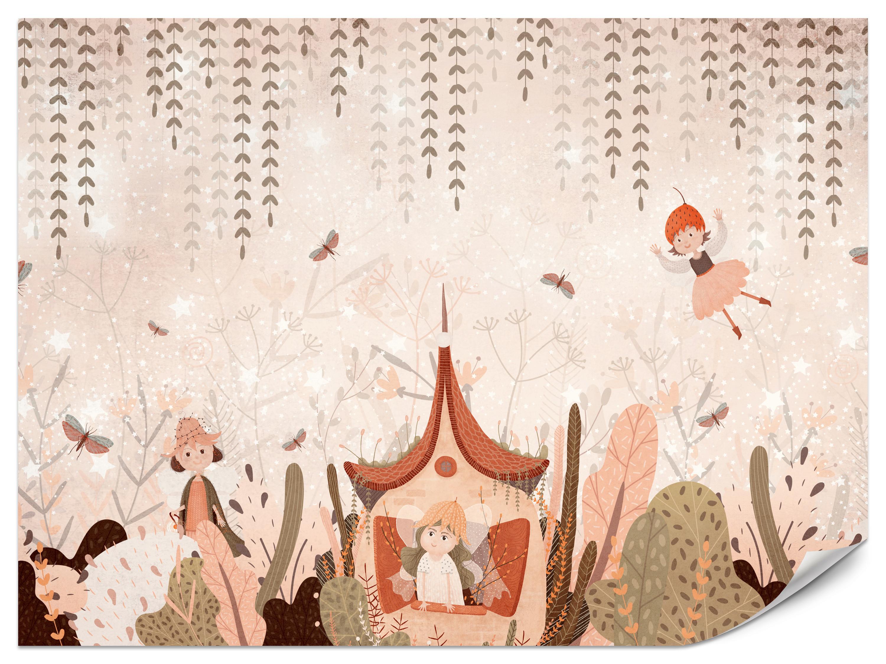 FOTOTAPETE für Kinderzimmer Feen Aquarell Wald Blumen Blätter Boho 250x175 - Beige/Orange, Papier (250/175cm) - Muralo