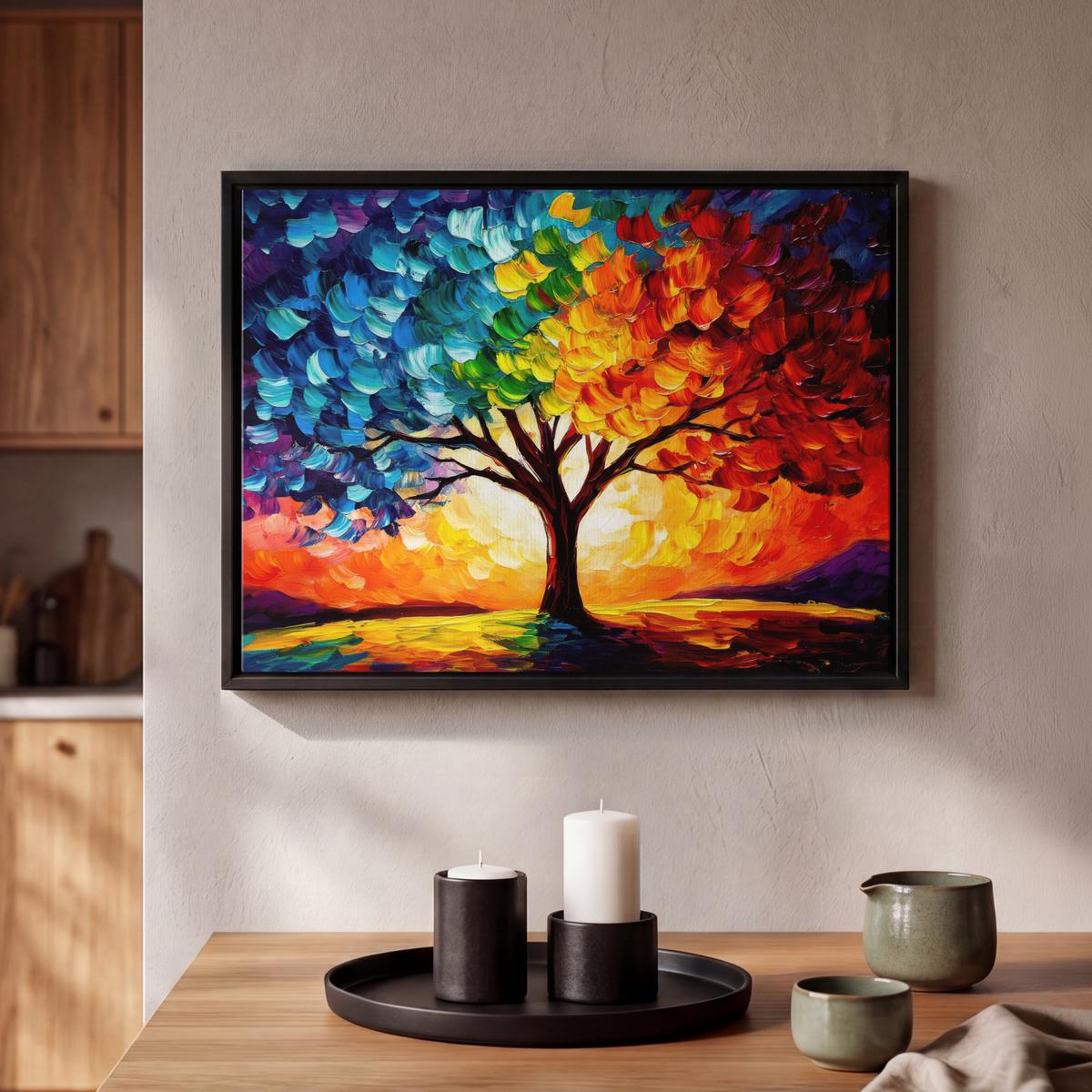 LEINWAND Bilder mit Rahmen - Baum - Kunst - Natur - Sonnenuntergang - 40x30 - Multicolor, Textil (40/30cm) - MuchoWow