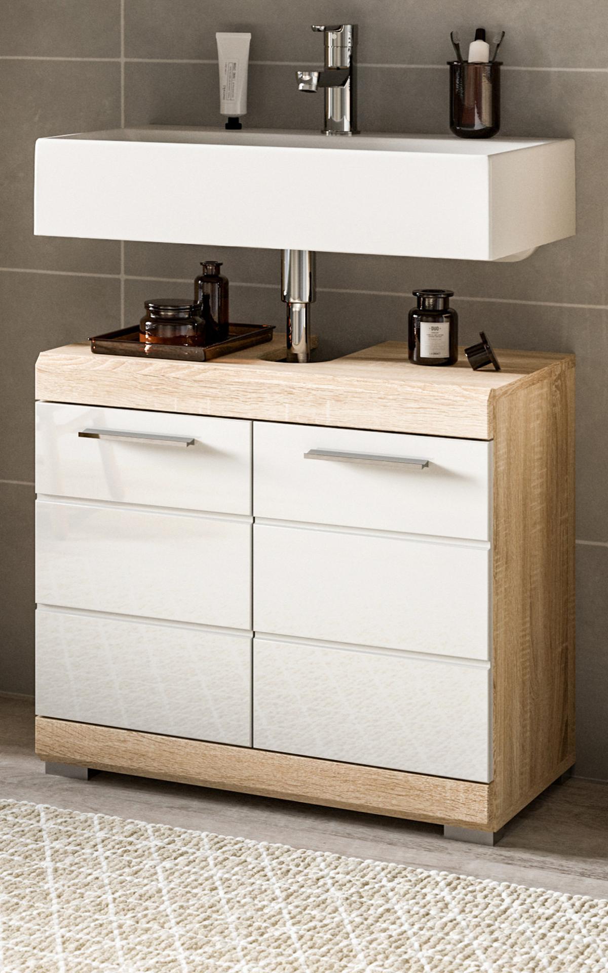 WASCHBECKENUNTERSCHRANK weiß Hochglanz und Sonoma Eiche, Bad Unterschrank 60 cm - Weiß Hochglanz/Eichefarben, Holzwerkstoff/Kunststoff (60/56/34cm) - Inn.Furn