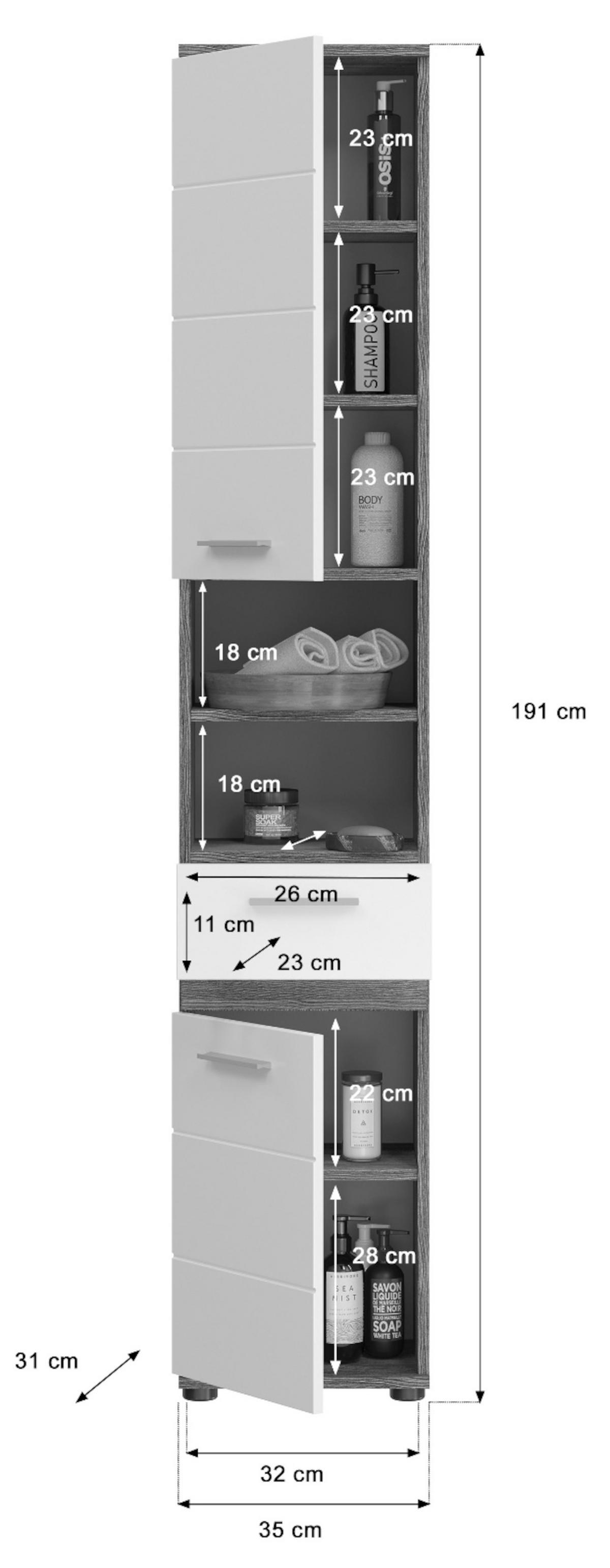HOCHSCHRANK weiß Hochglanz, grau 35 cm, Badschrank mit 6 Fächern - Weiß Hochglanz/Silberfarben, Holzwerkstoff/Kunststoff (35/191/31cm) - Inn.Furn