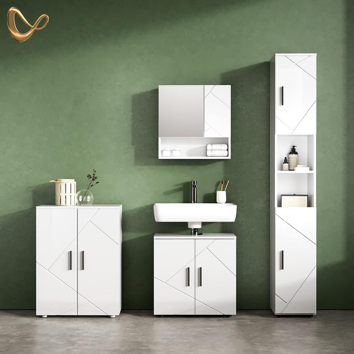 BADMÖBEL-SET Ronco Weiß Hochglanz 4 Teile, mit Hochschrank und Kommode - Weiß Hochglanz, Holzwerkstoff (60/192/30cm) - Livinity®