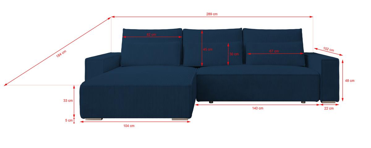 ECKSOFA Alice mit Bettkasten und Schlaffunktion, Cordstoff in L-Form - Blau, Textil (289/184cm)