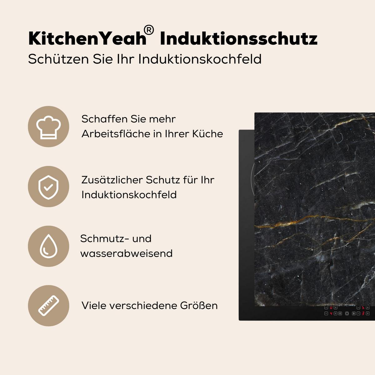HERDABDECKPLATTE Marmor - Schwarz - Gold - Grau - Marmorstruktur Induktionsschutz 80x52.2 cm - Goldfarben, Kunststoff (80.2/52.2/0.2cm) - MuchoWow