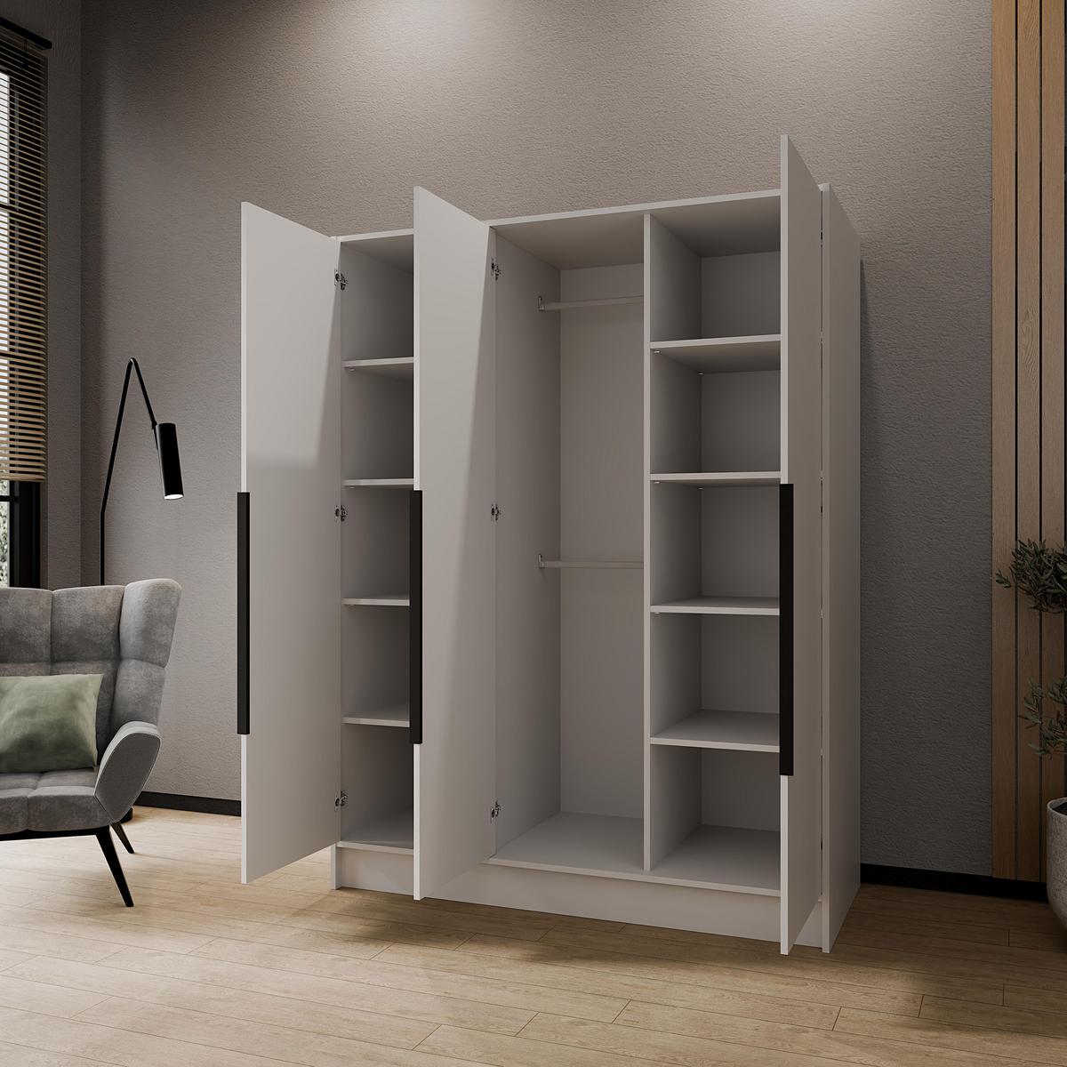 DREHTÜRENSCHRANK Laro mit Spiegel, Weiß mit mit schwarzen Griffen, 150 cm - Weiß, Holzwerkstoff (150/200/51cm) - Beautysofa