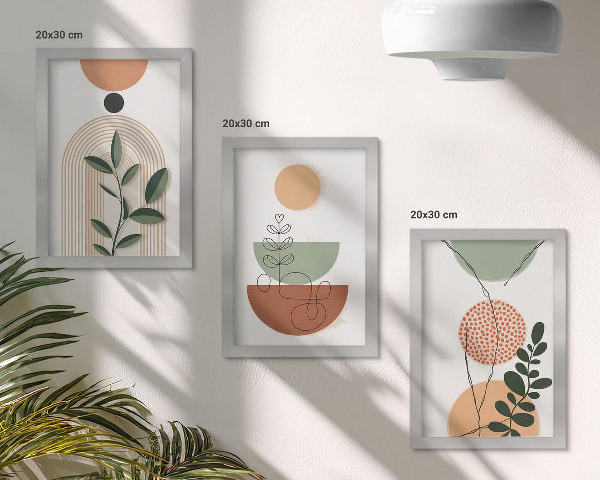 BILDER SET 3er Set - 20x30 cm Silberner Rahmen - Abstrakte Pflanzenformen - Silberfarben, Kunststoff (20/30cm) - TULUP