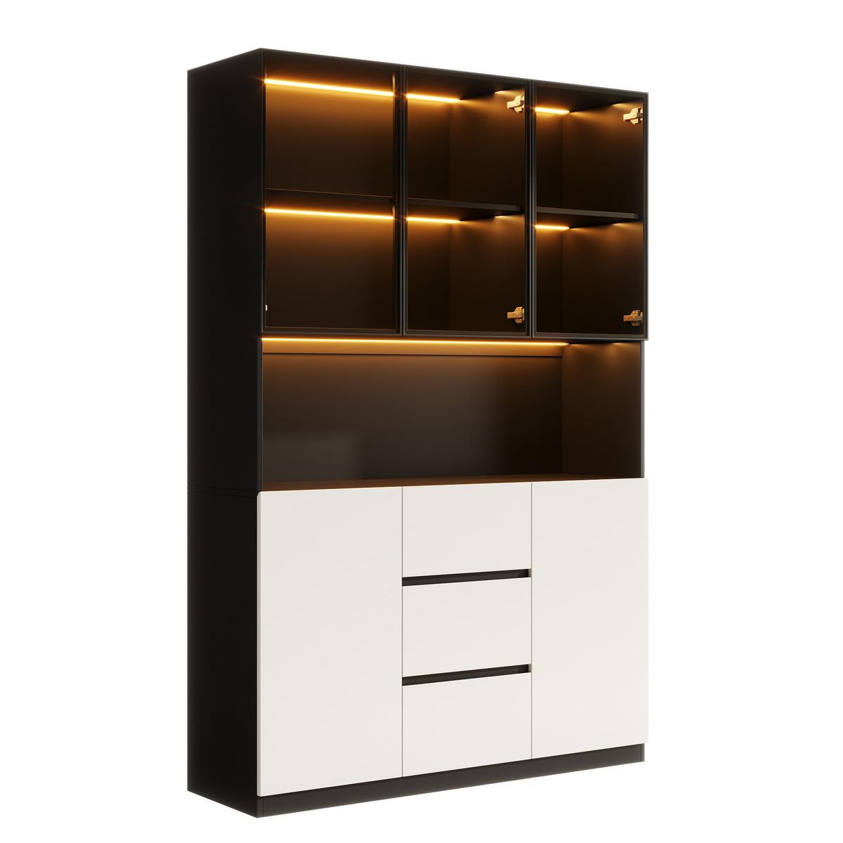 VITRINESCHRANK schwarz & weiß 200 cm hoch mit led-beleuchtung & kabelmanagement - Schwarz, Holzwerkstoff (120/200/40cm) - Urban Meuble
