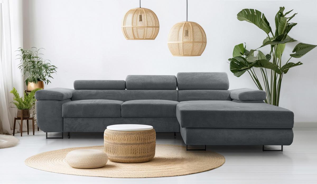 ECKSOFA L Form Arborio Dunkelgrau 280/203/90 cm Rechts mit Schlaffunktion - Dunkelgrau/Schwarz, Textil/Metall (280/203cm) - AX Living