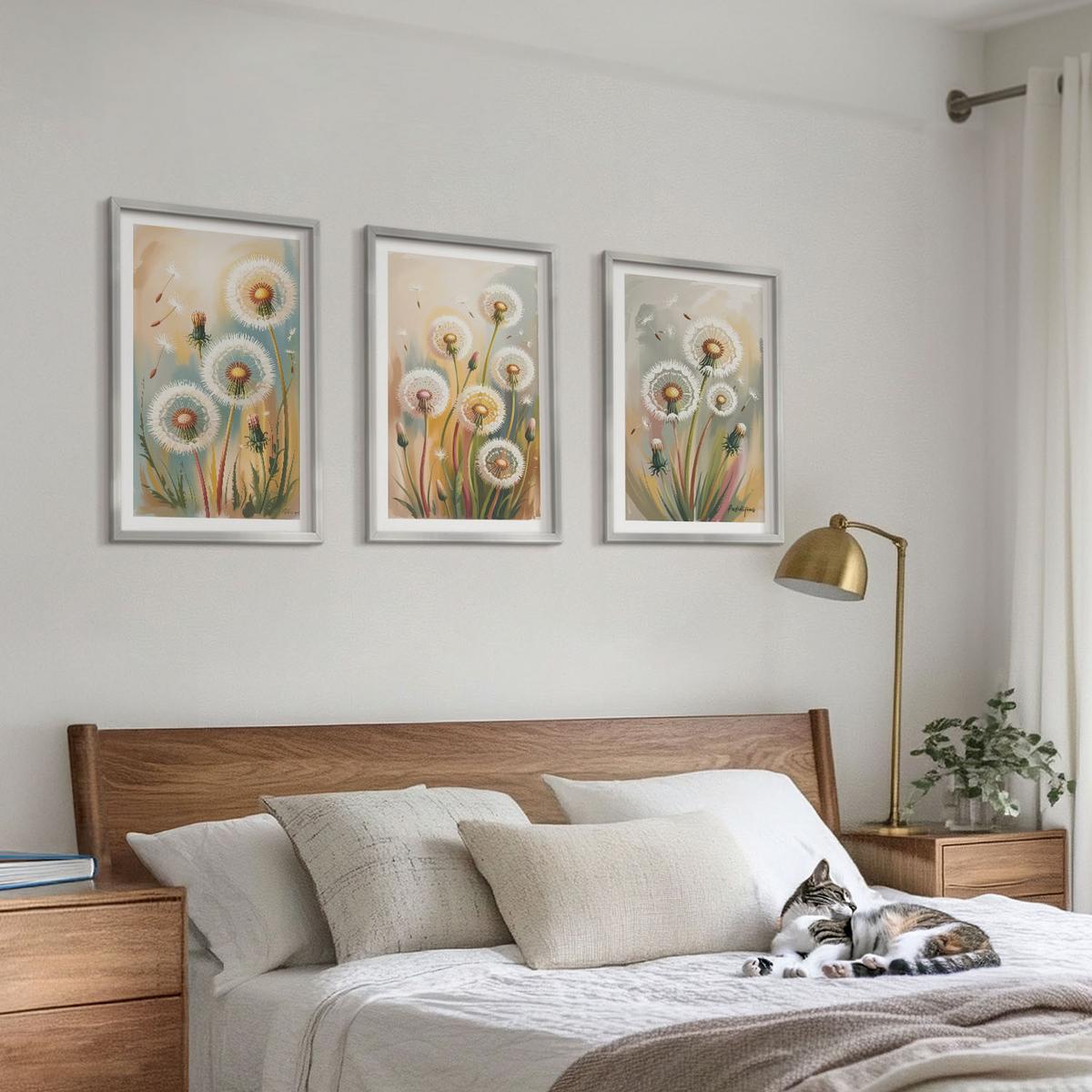 BILDER SET 3er Set - 40x60 cm Silberner Rahmen - Löwenzahnblüten, pastellfarbene Gräser - Silberfarben, Kunststoff (40/60cm) - TULUP