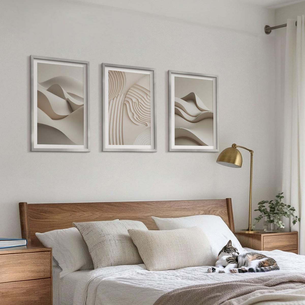 BILDER SET 3er Set - 40x60 cm Silberner Rahmen - Abstrakte beige Wellen - Silberfarben, Kunststoff (40/60cm) - TULUP