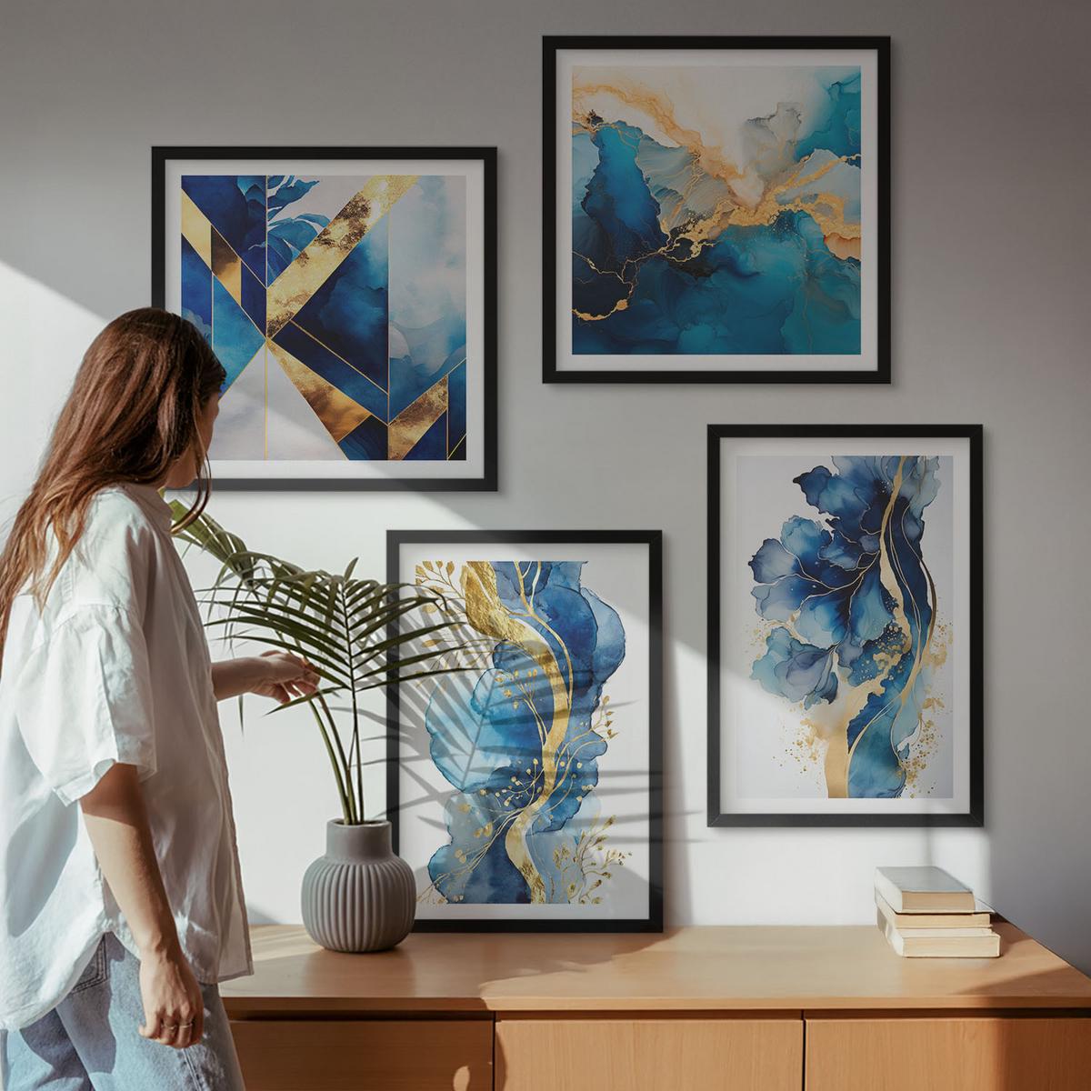 BILDER SET 4er Set - 50x50 cm & 40x60 cm Schwarzer Rahmen - Blaue abstrakte Muster - Schwarz, Kunststoff (50/50cm) - TULUP