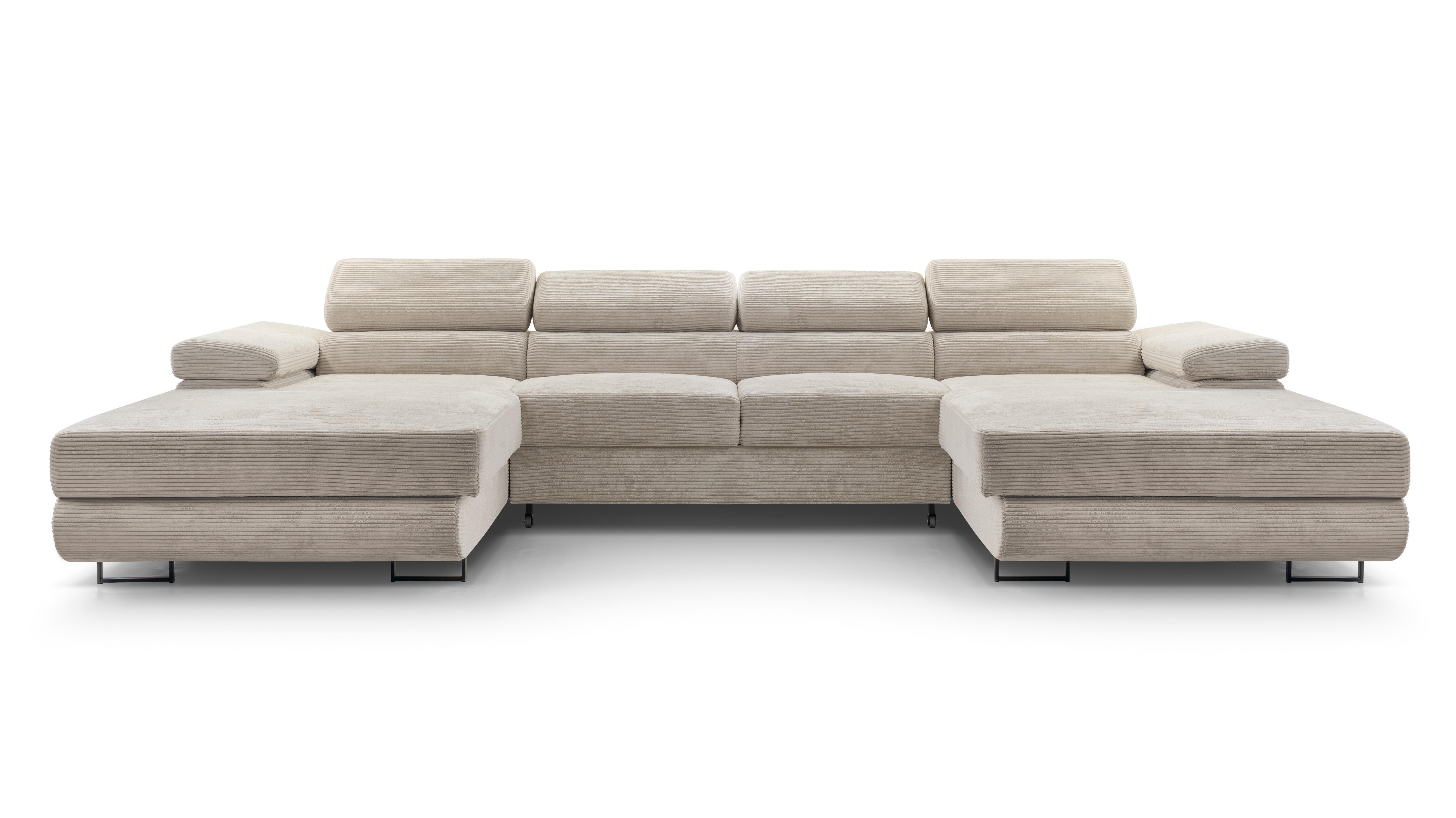 WOHNLANDSCHAFT GIULIO Beige Velours-Stoff mit Schlaffunktion - Beige, Holz (352/90/202cm) - MASSENO