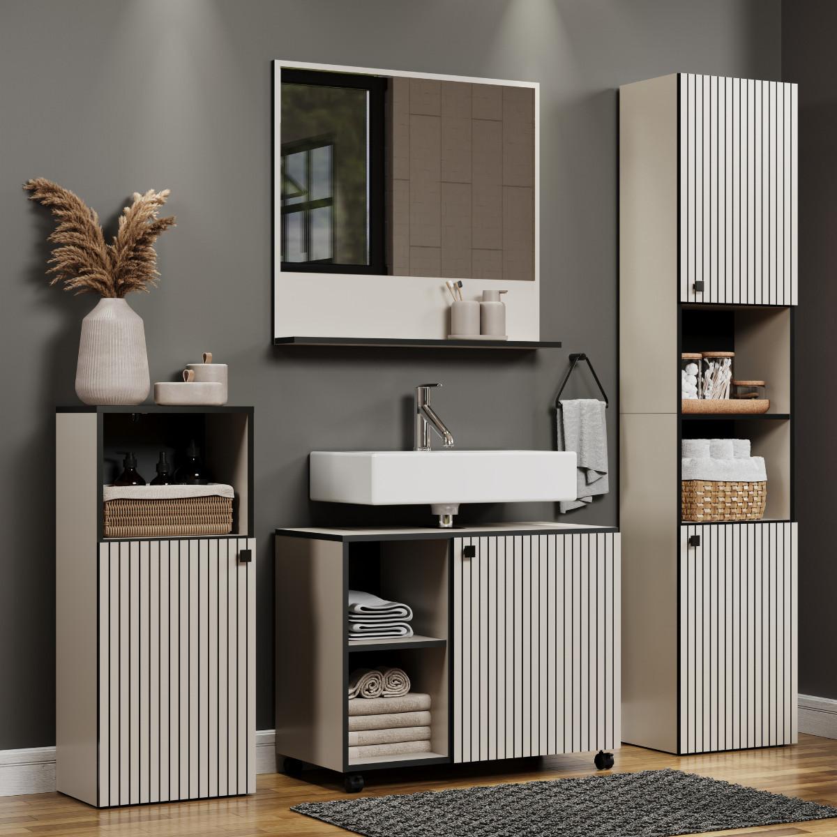BADEZIMMERSÄULE mit Rillen, 2 Türen und 2 Fächern - purebliss 112/15/44,5 cm - Hellgrau, Holzwerkstoff (40/186/31cm) - Trendteam