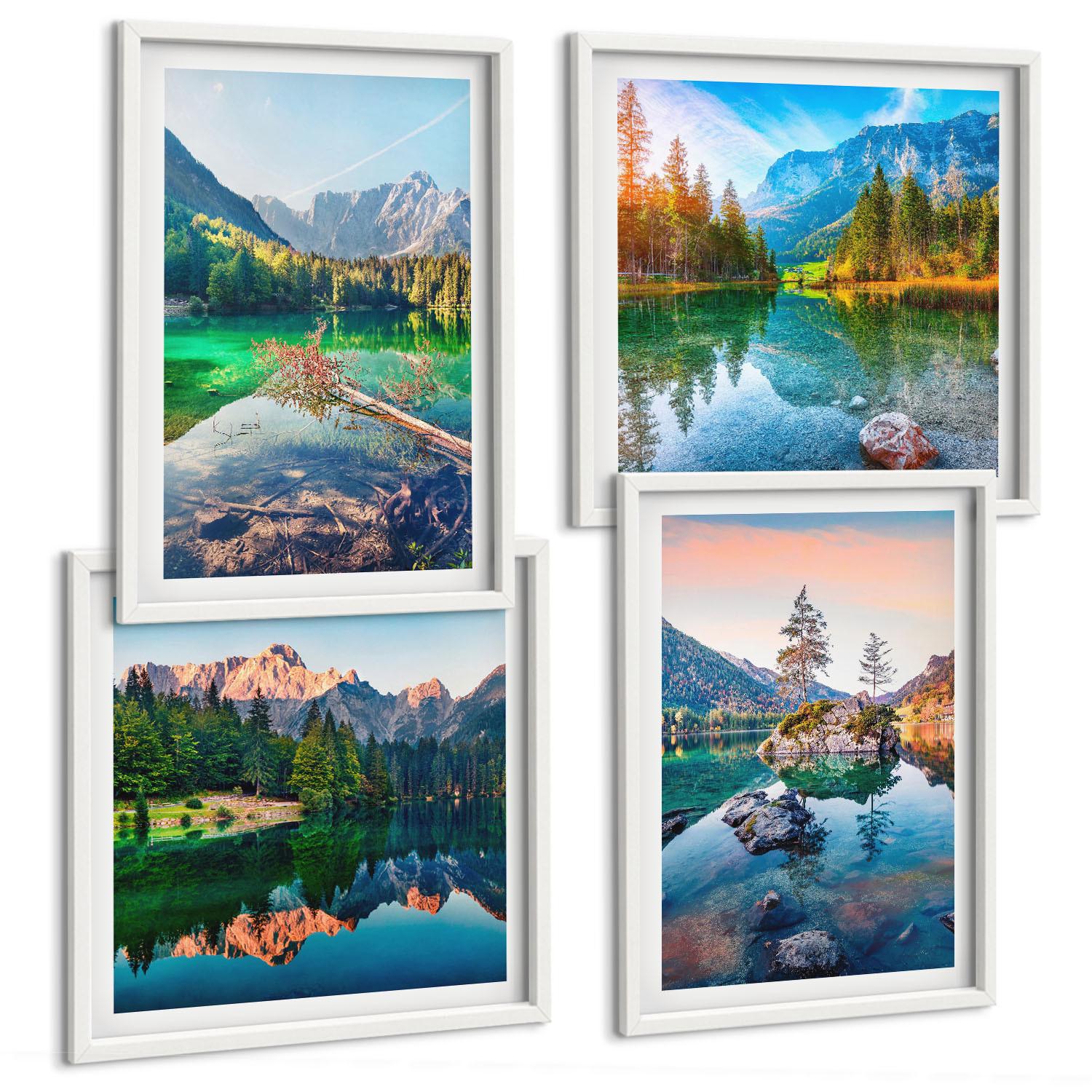 BILDER SET 4er Set - 50x50 cm & 40x60 cm Weißer Rahmen - Naturlandschaft der Bergseen - Weiß, Kunststoff (50/50cm) - TULUP