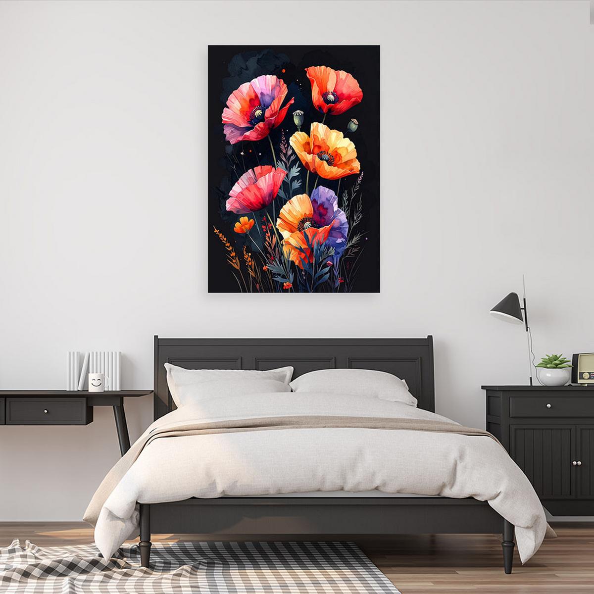 BILD auf Leinwand, Rote Mohnblumen auf schwarzem Hintergrund - Multicolor, Textil (80/120cm) - Feeby