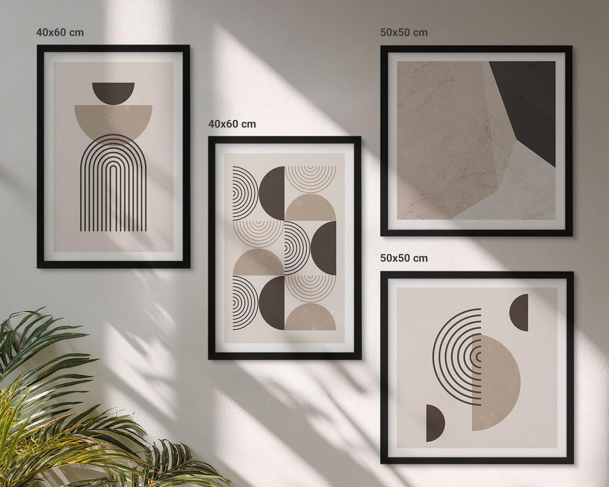 BILDER SET 4er Set - 50x50 cm & 40x60 cm Schwarzer Rahmen - Abstrakte geometrische Muster - Schwarz, Kunststoff (50/50cm) - TULUP