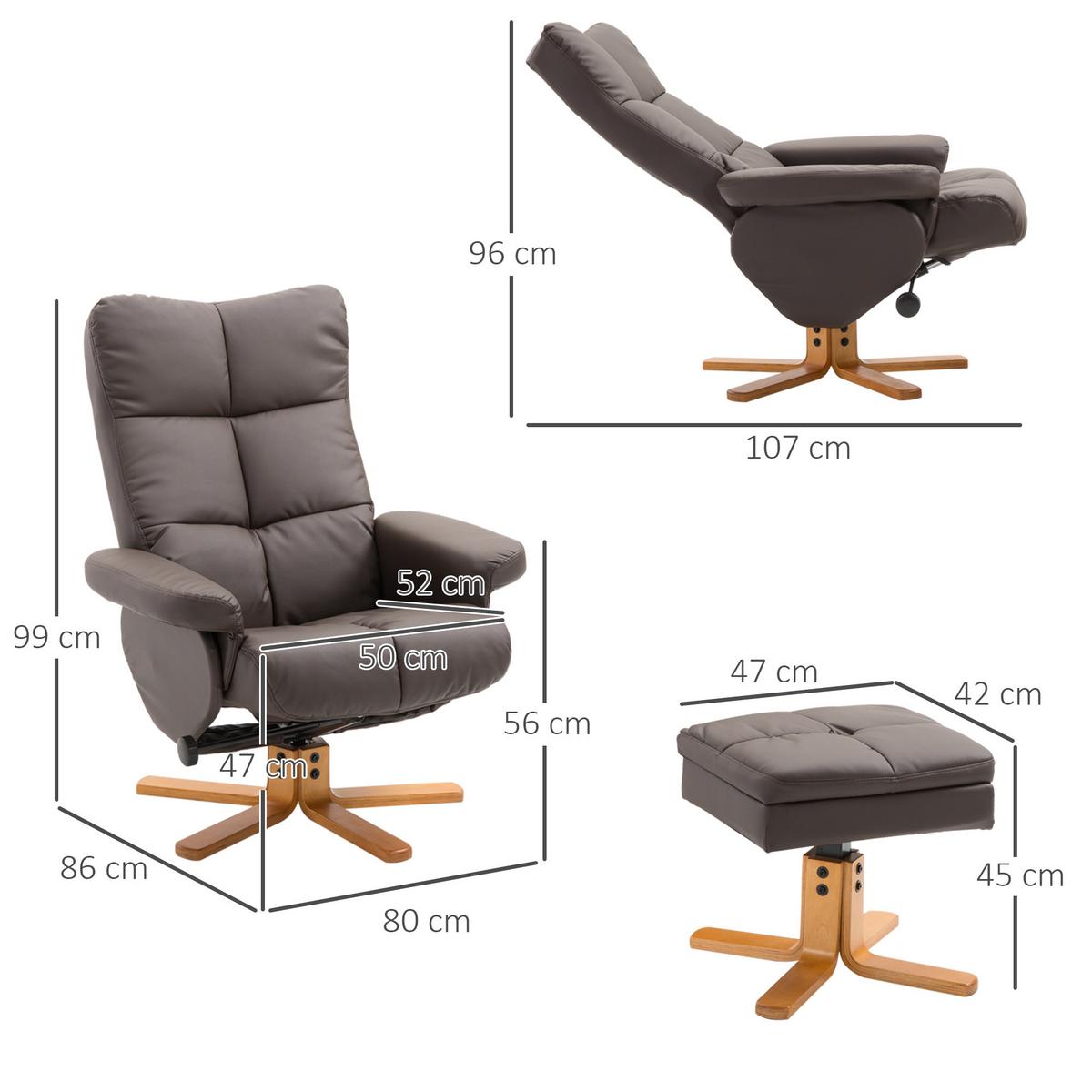 RELAXSESSEL mit Hocker Fernsehsessel 360° drehbar Liegefunktion Holz Braun - Braun, Holz/Kunststoff (86/99/80cm) - HOMCOM