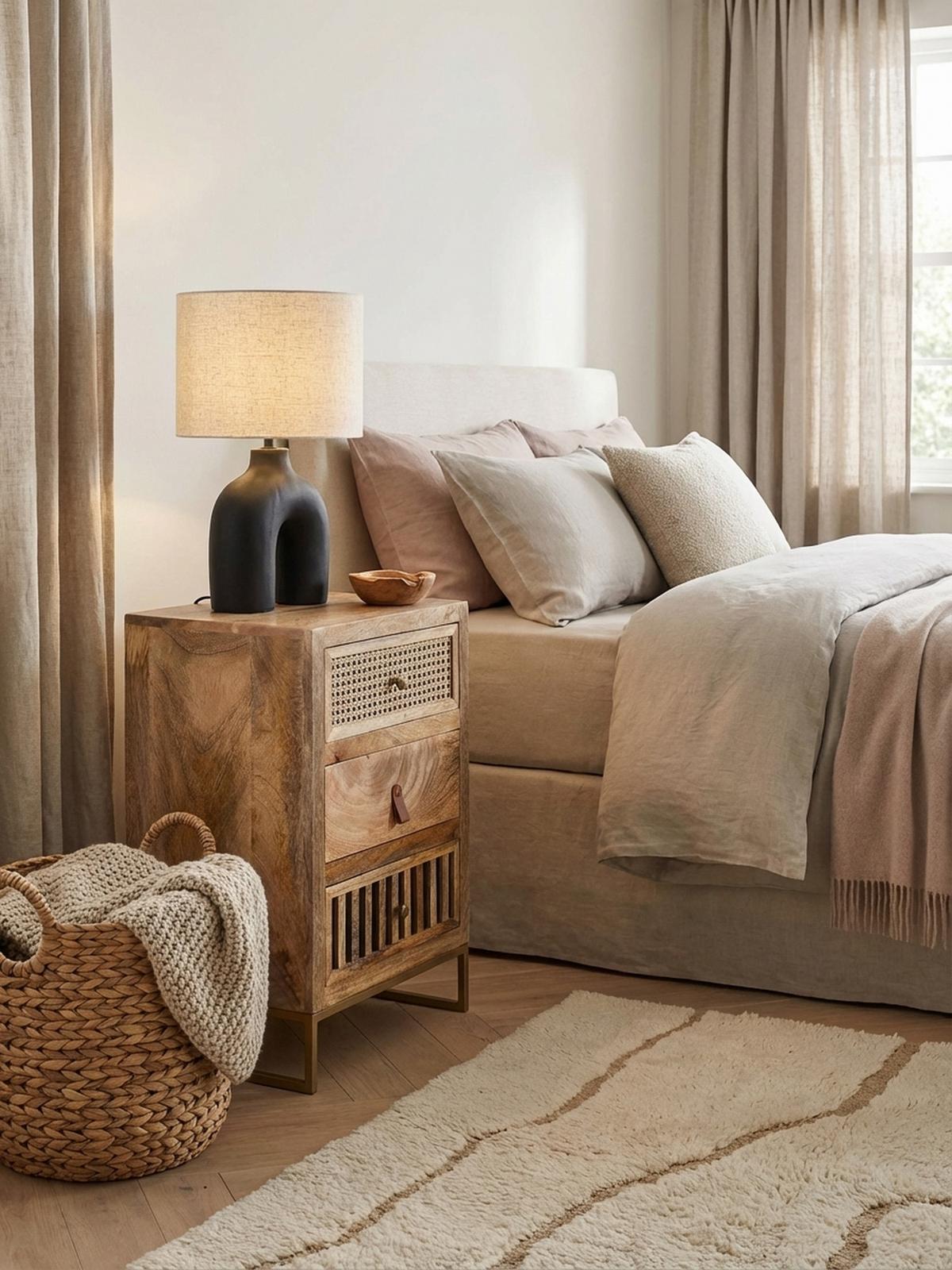 NACHTTISCH – Mango Massivholz/Rattan, 3 Schubladen, für Boxspringbett - Goldfarben/Braun, Holz/Metall (40/60/30cm) - KADIMA DESIGN