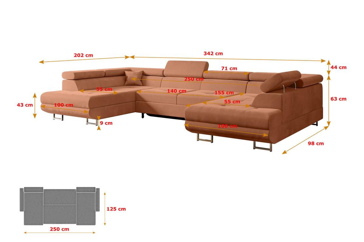 WOHNLANDSCHAFT mit Schlaffunktion und Bettkasten GUSA-U 342x202x107 cm Koralle Velours - Koralle/Silberfarben, Holzwerkstoff/Textil (342/107/202cm) - ALTDECOR