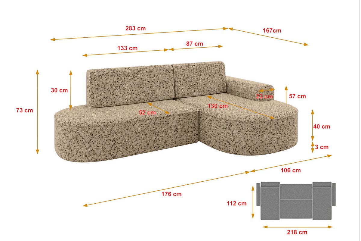 ECKSOFA mit Schlaffunktion und Bettkasten Ottomane Rechts MARI-L1-S - 283x167x73 cm Braun Tissu - Schwarz/Braun, Holzwerkstoff/Kunststoff (167/283cm) - ALTDECOR