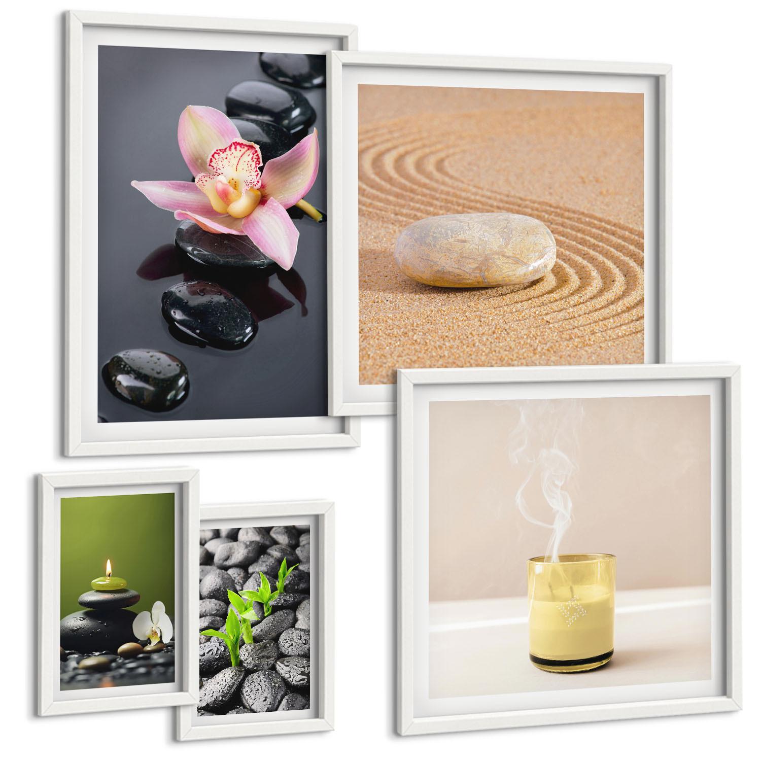BILDER SET 5er Set - 50x50 cm & 20x30 cm & 40x60 cm Weißer Rahmen - Der Frieden der Natur mit Buddha - Weiß, Kunststoff (40/60cm) - TULUP