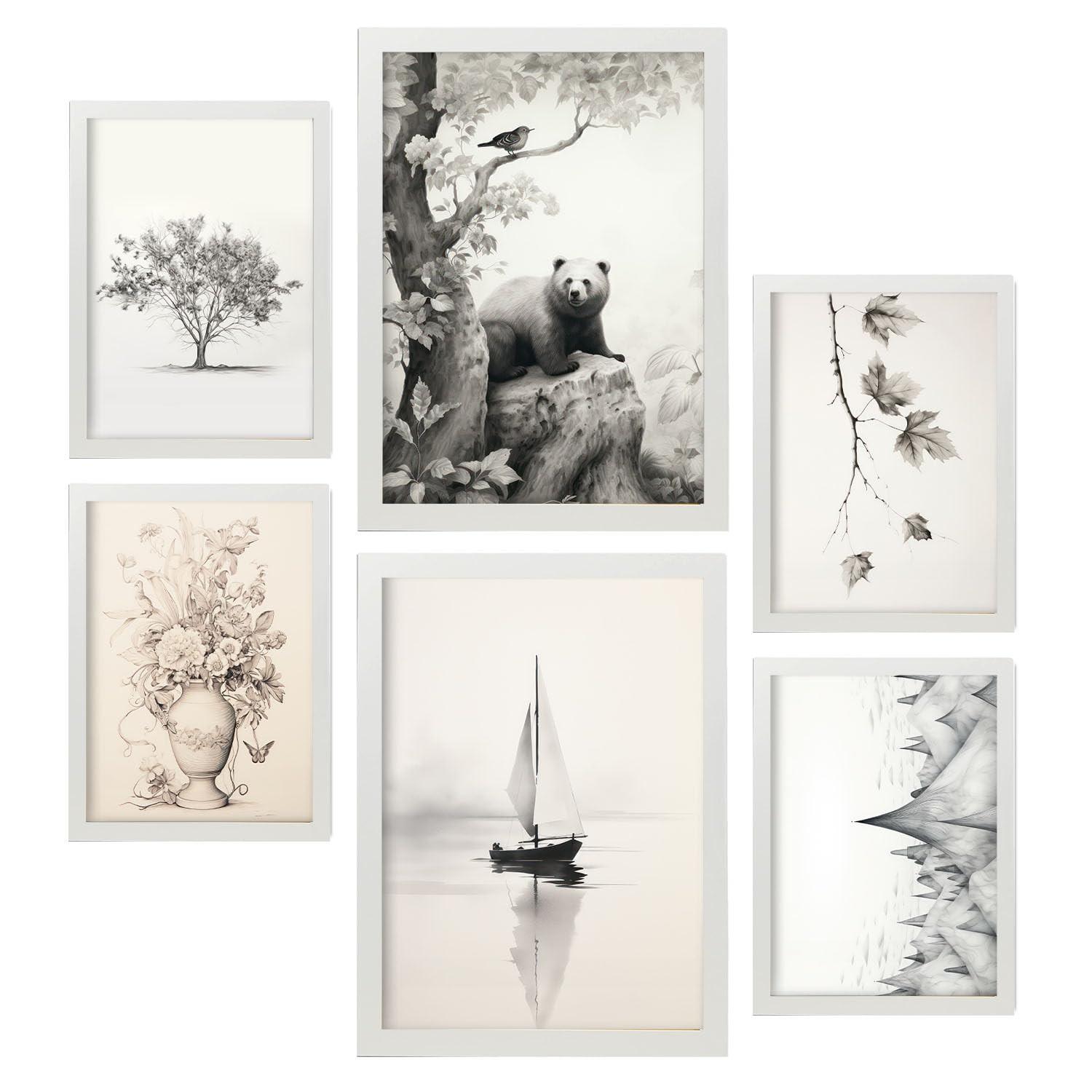 POSTER Set Mit 6 Wildsee A3 & A4 Weißer Rahmen - Weiß, Papier (29/3cm) - Nacnic