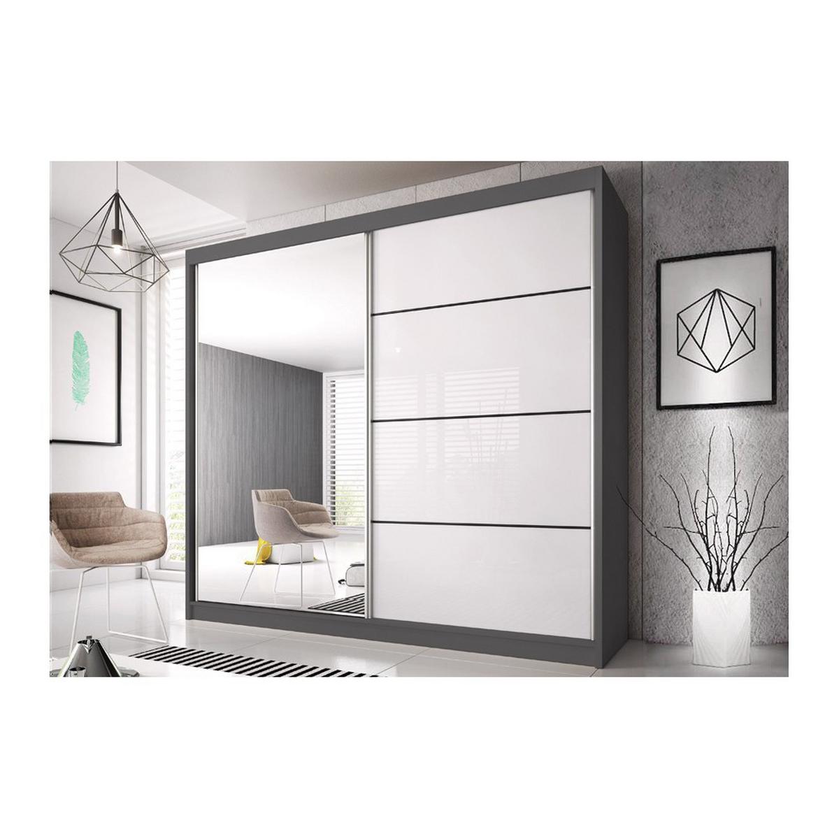 SCHWEBETÜRENSCHRANK Multi 35 Grau/Weiß Semigloss + Spiegel 183 cm - Alufarben/Weiß, Glas/Holzwerkstoff (183/218/61cm) - imoebel24