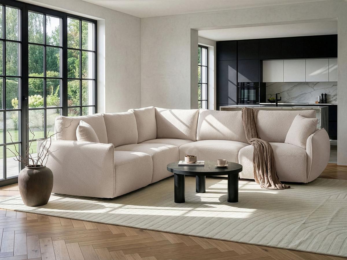 ECKSOFA Modul 5-Sitzer Bouclé Cremeweiß rechtsseitig Mesnali - Creme, Textil (268/268cm) - Beliani