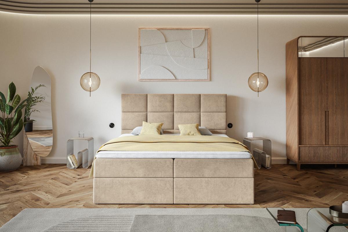 BOXBETT ROMA mit 2 Bettkästen, 180x200, Farbe: Sand, Velourstoff, Doppelbett mit Bonell-Matratze - Sahara, Holz/Kunststoff (180/200cm) - Alpi-Möbel