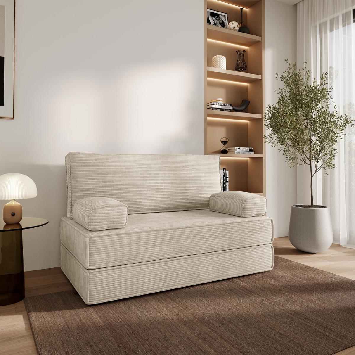 BETTSOFA LADIA aus Schaumstoff Cordstoff Creme Schlaffunktion - Creme, Textil (140/86/60cm) - MASSENO