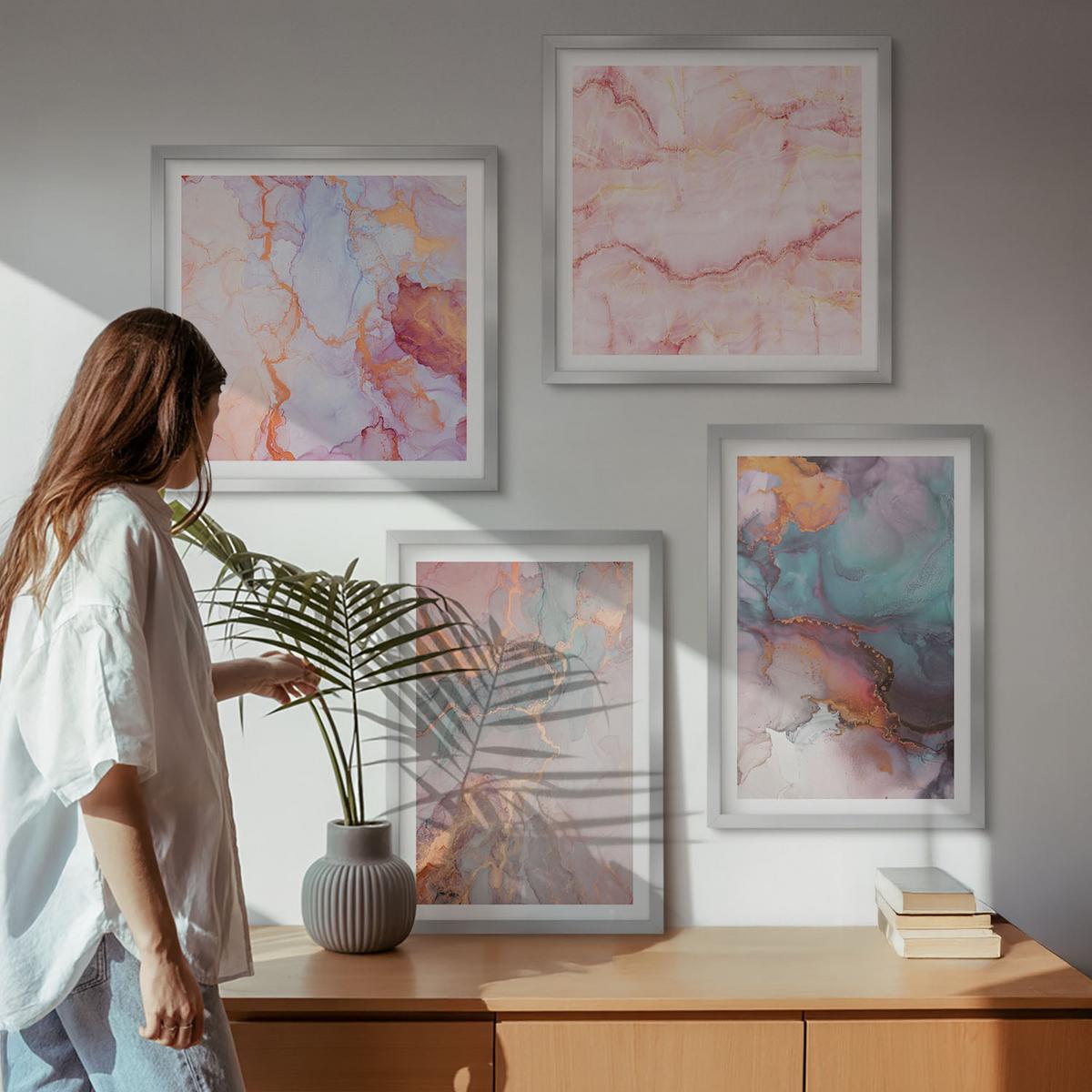 BILDER SET 4er Set - 50x50 cm & 40x60 cm Silberner Rahmen - Abstrakte Pastellmuster - Silberfarben, Kunststoff (50/50cm) - TULUP