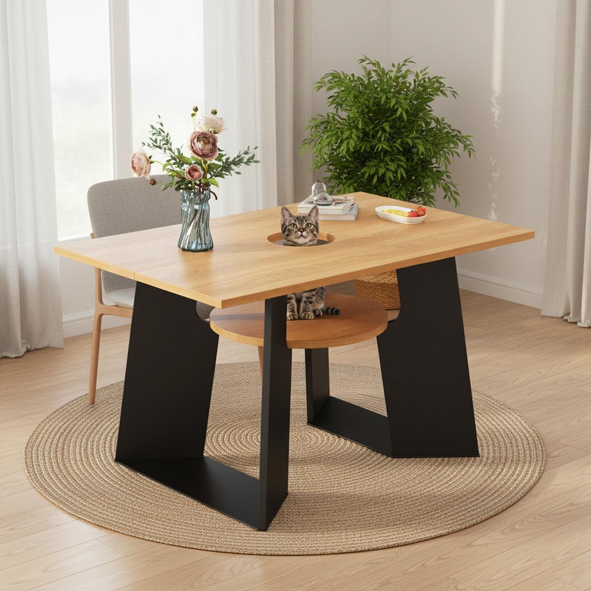 ESSTISCH Haustierfreundlich Holz-Schwarz mit Ablage & Katzenbereich - Weiß, Holzwerkstoff (85/130/75cm) - Urban Meuble