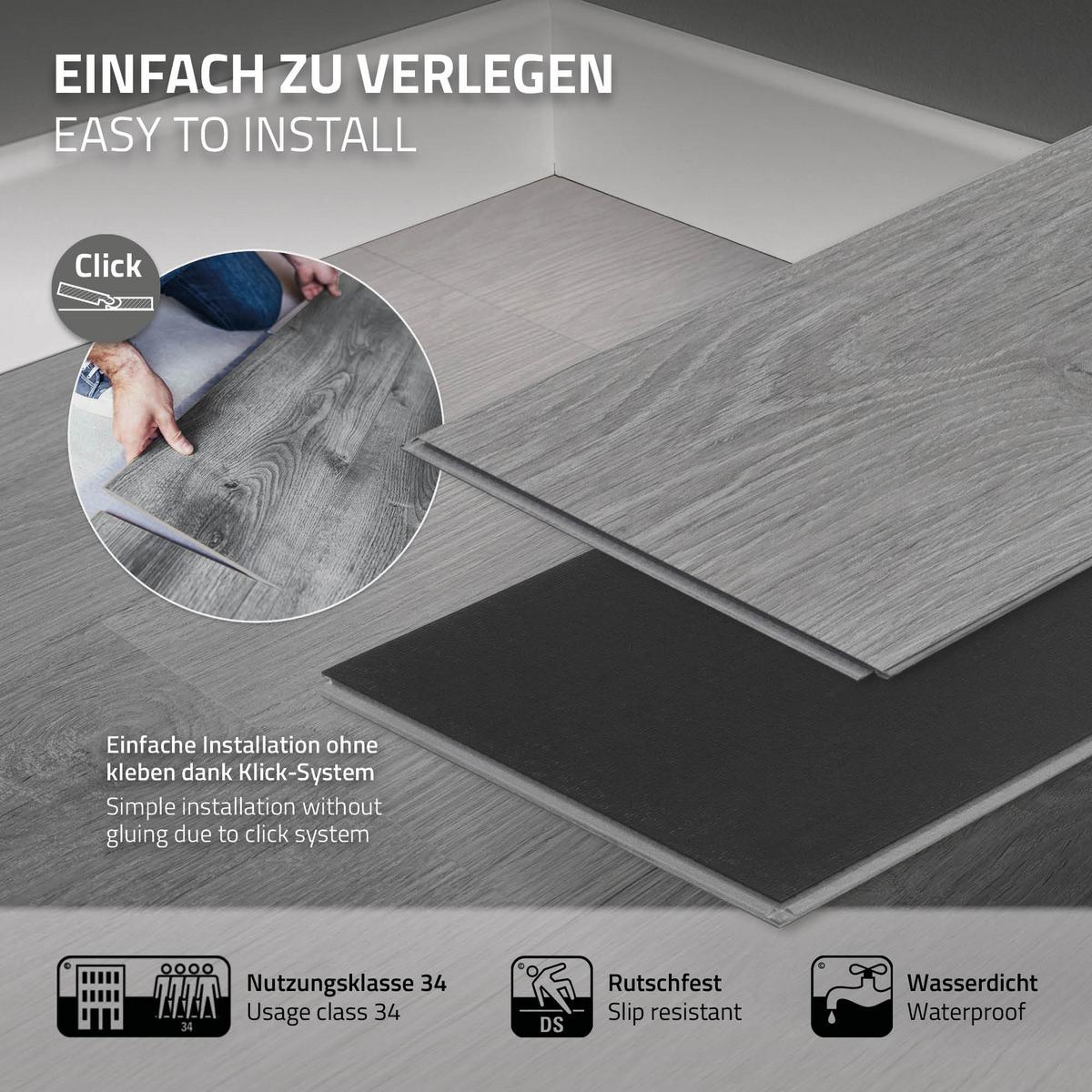 VINYLBODEN Click 3,08m²/14 Dielen Windswell Hickory Eiche - Grau, Kunststoff (122/18/0.42cm) - ML-DESIGN