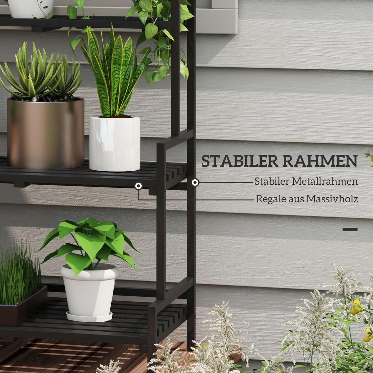 PFLANZENSTÄNDER, Pflanzentreppe, 3 Ebenen, mit 6 Haken, für Garten, Stahl, Schwarz - Schwarz, Metall (50/170/110cm) - Outsunny
